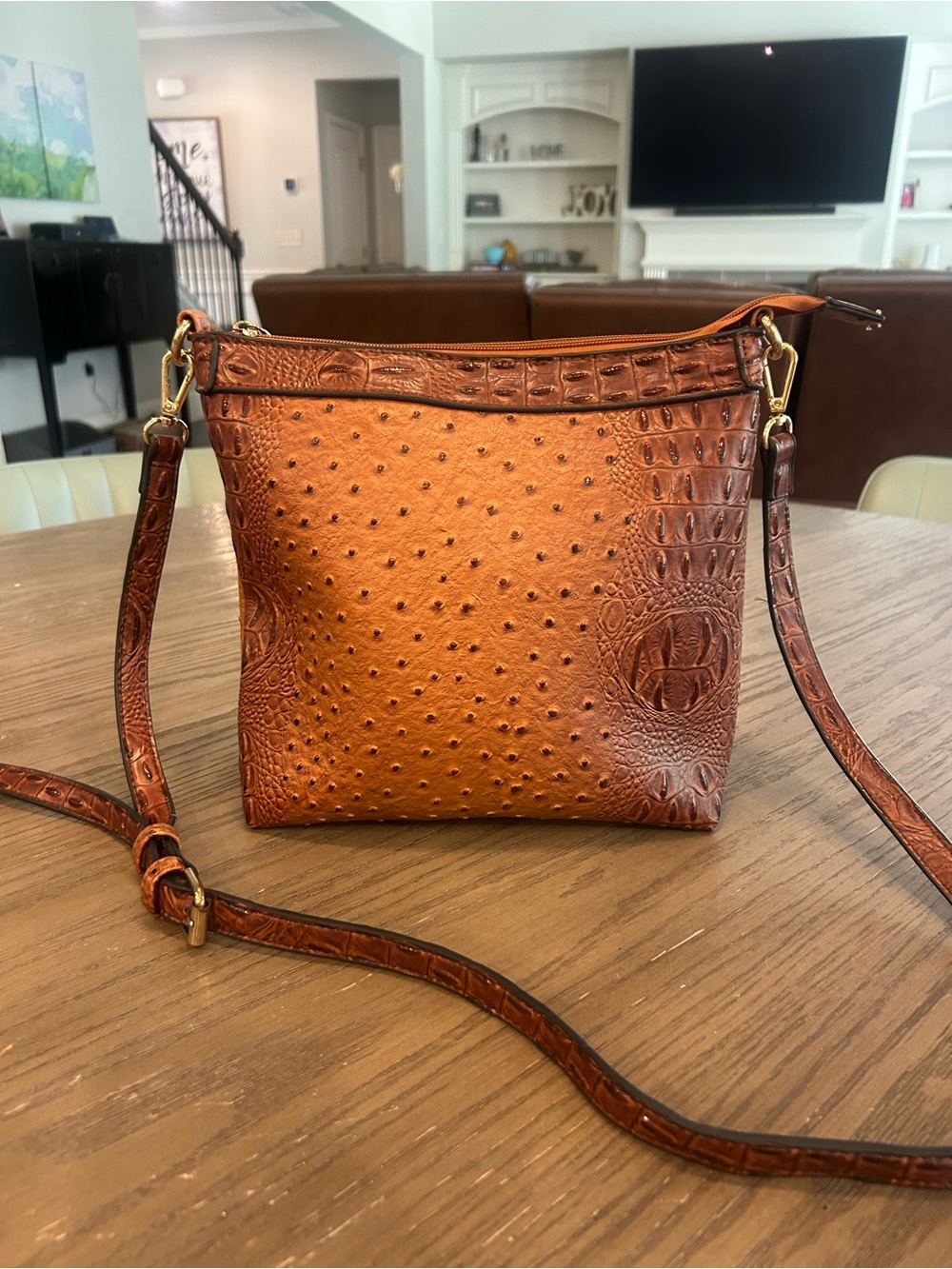 Faux Leather Ostrich Embossed Crossbody Bag in Cognac Brown - Women Bags